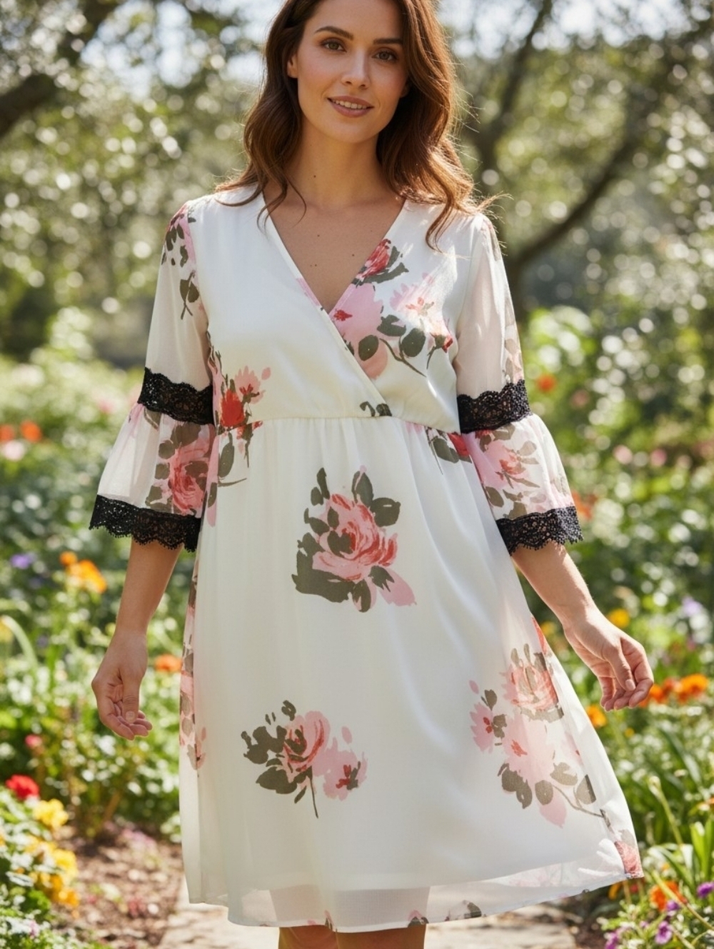 Women's Candie's Long Sleeve Chic Floral Dress White Pink M